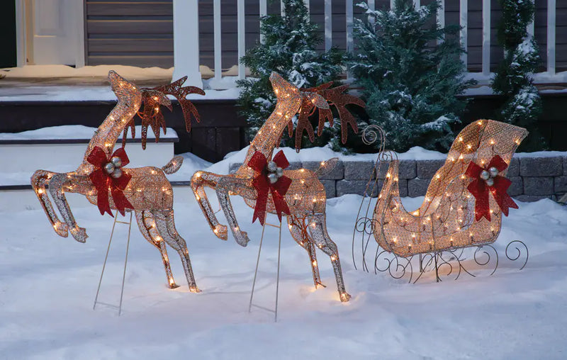 Golden Charm 2 Deer & Sleigh Christmas Decorations, 150 Incandescent Lights