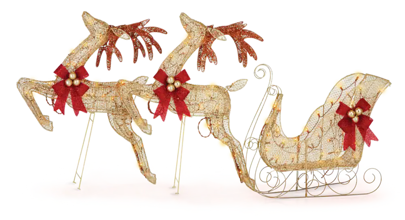 Golden Charm 2 Deer & Sleigh Christmas Decorations, 150 Incandescent Lights