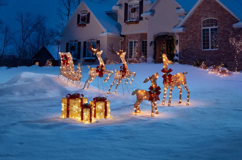 Golden Charm 2 Deer & Sleigh Christmas Decorations, 150 Incandescent Lights