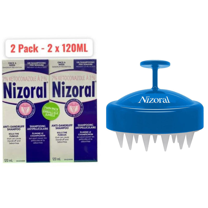 Nizoral Hair Shampoo 2% Ketocinazole Anti Dandruff Shampoo and Brush with Soft Silicone Scalp Massager head brush