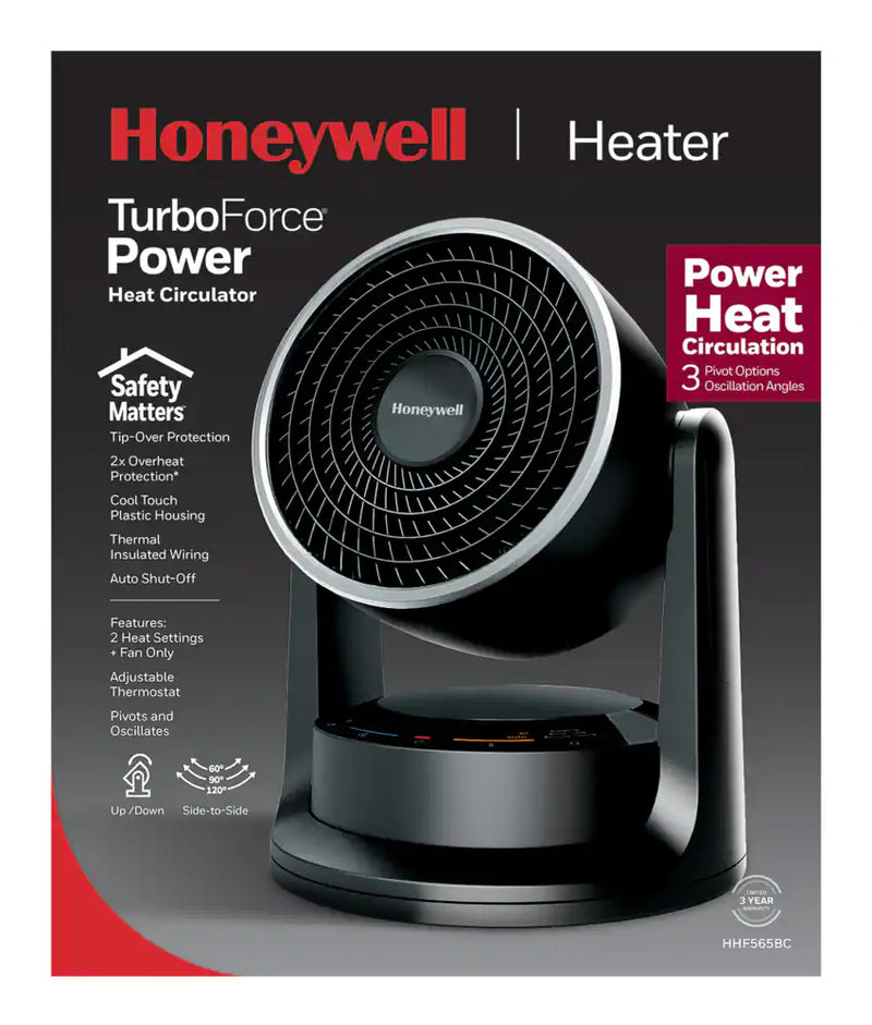 Honeywell Portable Fan Power Heater/Air Circulator w/Thermostat, 1500W, Black