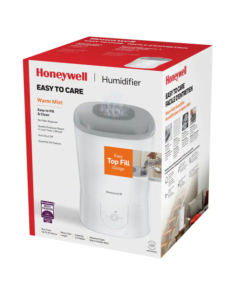 Honeywell HWM445WC Top-Fill Warm Mist Air Humidifier with Humidistat, Essential Oil Cup & Auto-Off, White, 6.44-