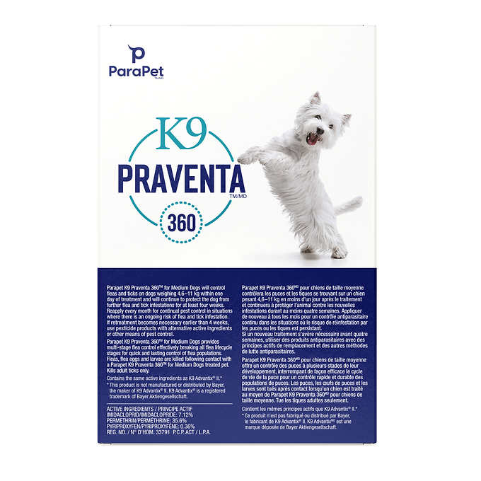 Parapet K9 Praventa 360 Flea and Tick Treatment for Dogs 4.6kg to 11kg, 6 Tubes