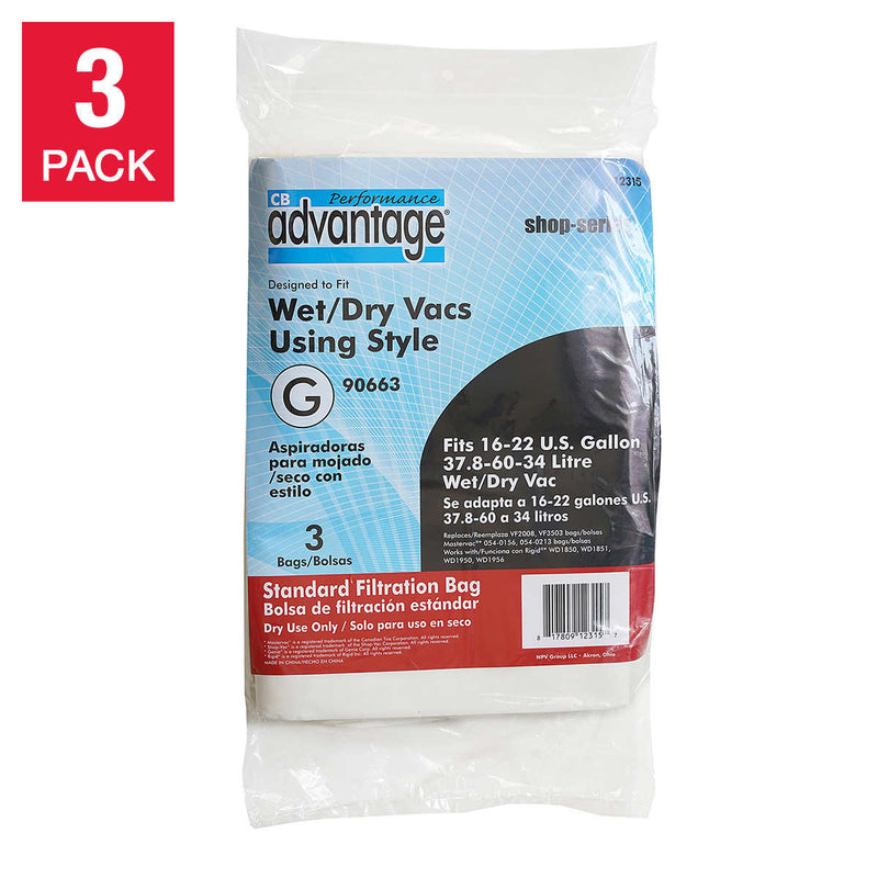 Advantage Wet/Dry Vacuum 16-22 U.S. Gallon Replacement Standard Filtration Bags, 3 pack of 3