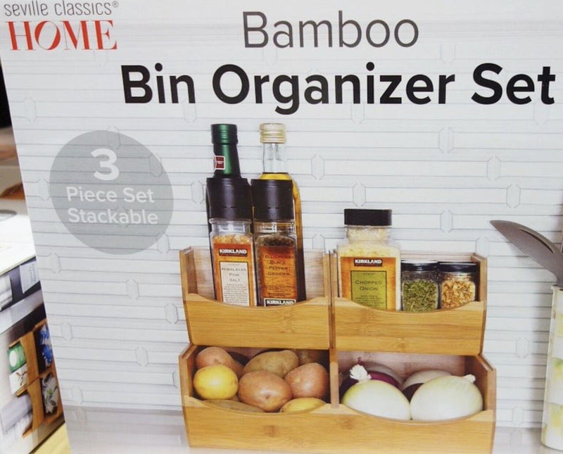 Seville Classics Stackable Bamboo Wood Bin Organizer, Set of 3 Storage